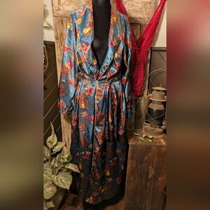 Floral Satin Long Robe with Belt - Teal & Red